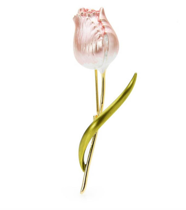 Prepracovaná smaltovaná brošňa v tvare ružového tulipánu