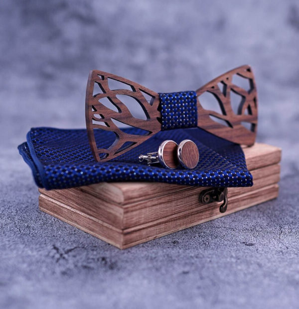 Štýlový drevený motýlik + vreckovka + manžety vo viac farbách