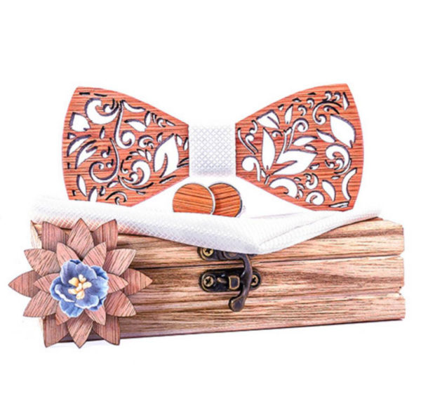 Motýlik z dreva s kvetinami vo viac farbách + manžety + vreckovka + brošňa