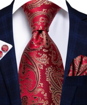 Kravatový set s červeným vzorom ( kravata + vreckovka + manžety )