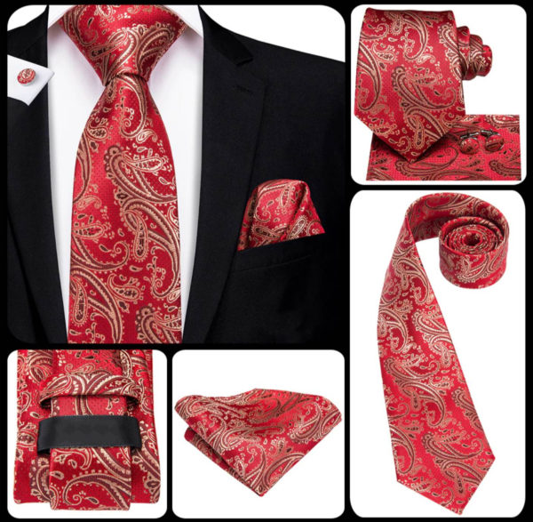 Kravatový set s červeným vzorom ( kravata + vreckovka + manžety )