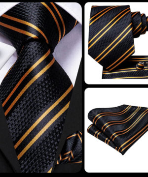 Kravatový set so zlatými pásikmi ( kravata + vreckovka + manžety )