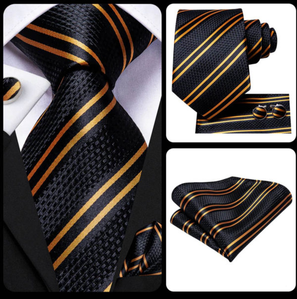 Kravatový set so zlatými pásikmi ( kravata + vreckovka + manžety )