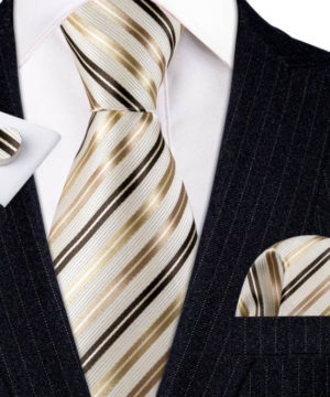 Kravatový set v krémovej farbe s pásikmi ( kravata + vreckovka + manžety )