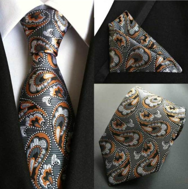 Luxusná kravata a vreckovka - kravatová sada so sivým vzorom