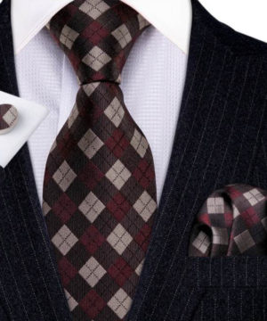 Luxusný kravatový set s hnedo-bordovým károvaním