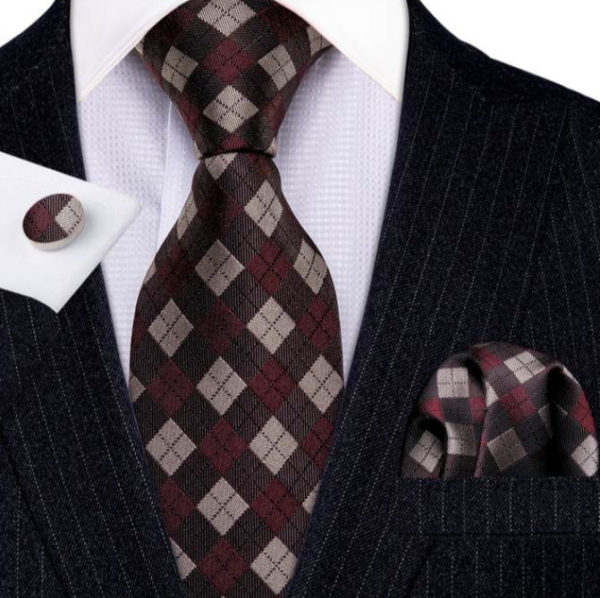 Luxusný kravatový set s hnedo-bordovým károvaním