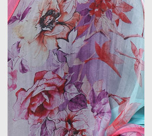 Veľký luxusný hodvábny šál s ružovo - tyrkysovým motívom