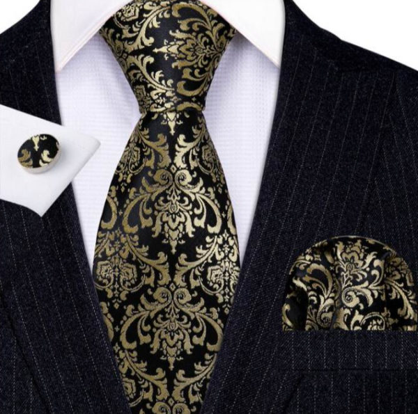 Luxusná čierna kravatová sada so zlatými ornamentami