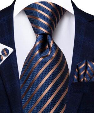 Luxusná kravatová sada s modrými a medenými pásikmi