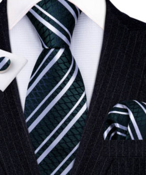 Luxusný tmavo zelený kravatový set s bielymi pásikmi