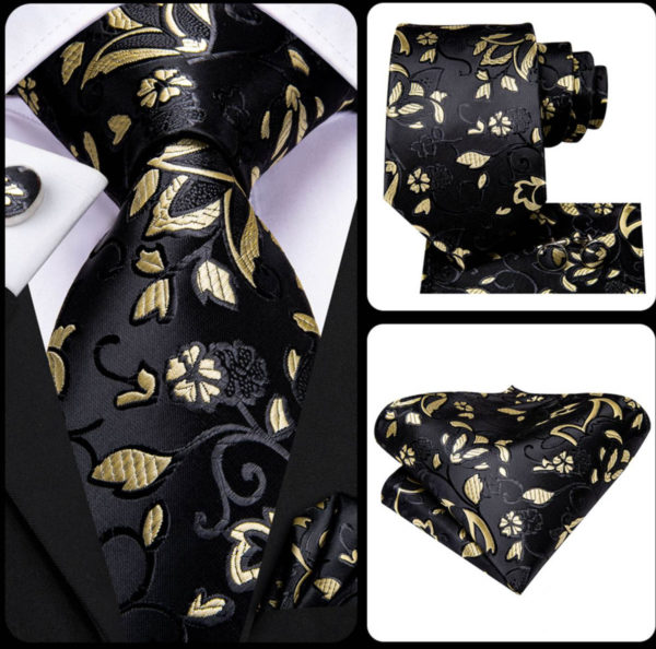 Štýlová kravatová sada v čiernej farbe so zlatými kvietkami
