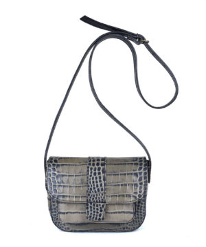 Luxusná malá kabelka crossbody z hovädzej kože s dezénom krokodíla v šedej farbe – Obrázok 9