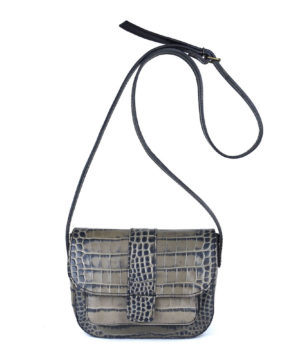 Luxusná malá kabelka crossbody z hovädzej kože s dezénom krokodíla v šedej farbe – Obrázok 3