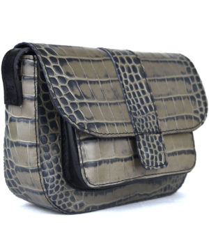 Luxusná malá kabelka crossbody z hovädzej kože s dezénom krokodíla v šedej farbe – Obrázok 7