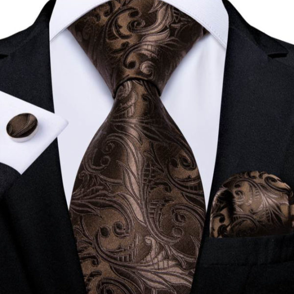 Luxusná kravatová sada v hnedej farbe - kravata + manžety + vreckovka