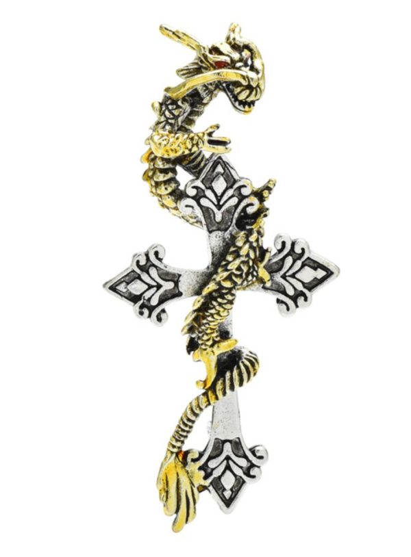 Prepracovaná brošňa na šaty v podobe draka na kríži