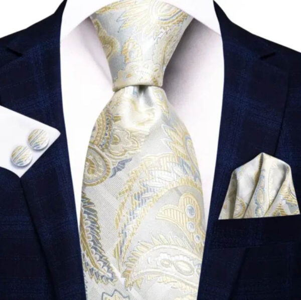 Kravatová sada so svetlým vzorom ( kravata + manžety + vreckovka )