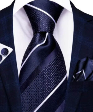 Kravatový set s modrými pásikmi( kravata + manžety + vreckovka )