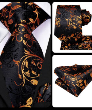 Kravatový set so zlatým ornamentom ( kravata + manžety + vreckovka )