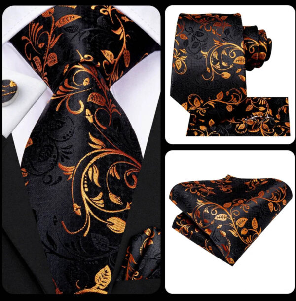 Kravatový set so zlatým ornamentom ( kravata + manžety + vreckovka )