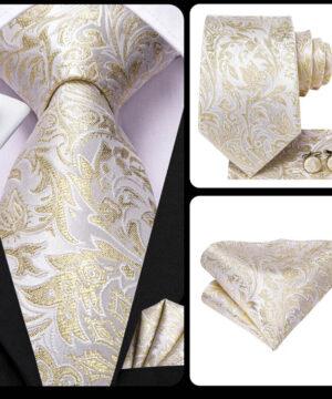Kvalitná kravatová sada v krémovej farbe - kravata + manžety + vreckovka