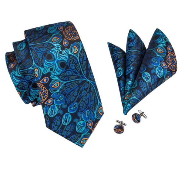 Modrá vzorovaná kravatová sada - viazanka, vreckovka a gombíky