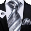 Sada s kravatou, vreckovkou a gombíkmi so striebornými pásmi
