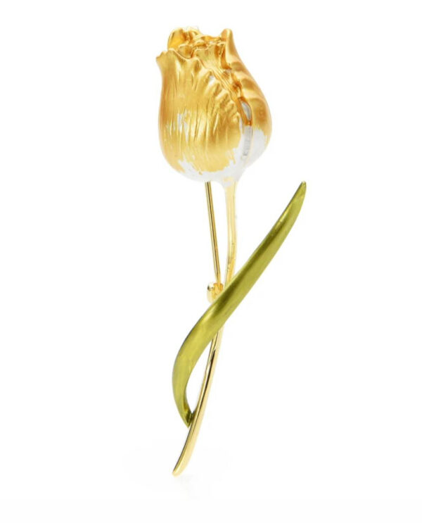 Smaltovaná brošňa na šaty v podobe žltého tulipánu