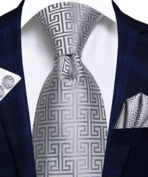 Strieborná vzorovaná kravatová sada - viazanka, vreckovka a gombíky