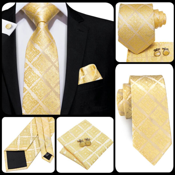 Zlatá vzorovaná kravatová sada - viazanka, vreckovka a gombíky