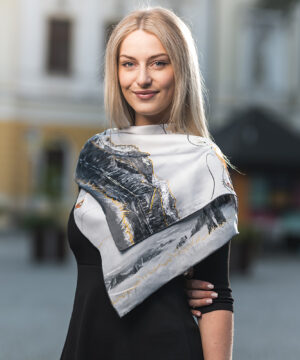 Luxusná hodvábna šatka VYSOKÉ TATRY - SIVÉ, 90 x 90cm, Vyrobená na Slovensku – Obrázok 12