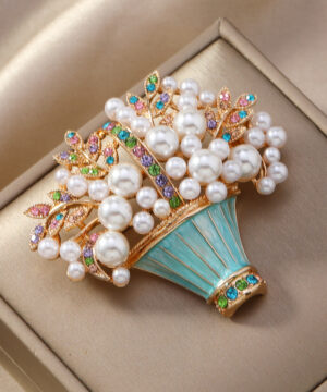 Luxusná brošňa v tvare modrého kvetináča s kvetmi