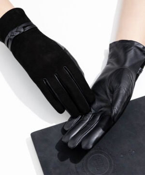 Dámske kožené rukavice z pravej kože, matná + lesklá koža, dekoračný uzol, Veľkosť XL