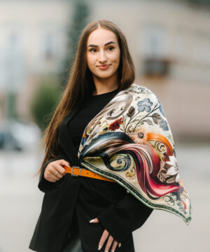 Luxusná hodvábna šatka LÚČNE KVETY - ZELENÉ, 90 x 90cm, Vyrobené na Slovensku – Obrázok 5