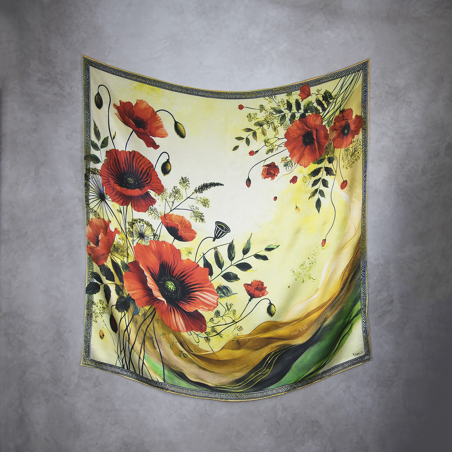 Luxusná hodvábna šatka MAK VLČÍ - ZELENÝ, 90 x 90cm, Vyrobené na Slovensku – Obrázok 2