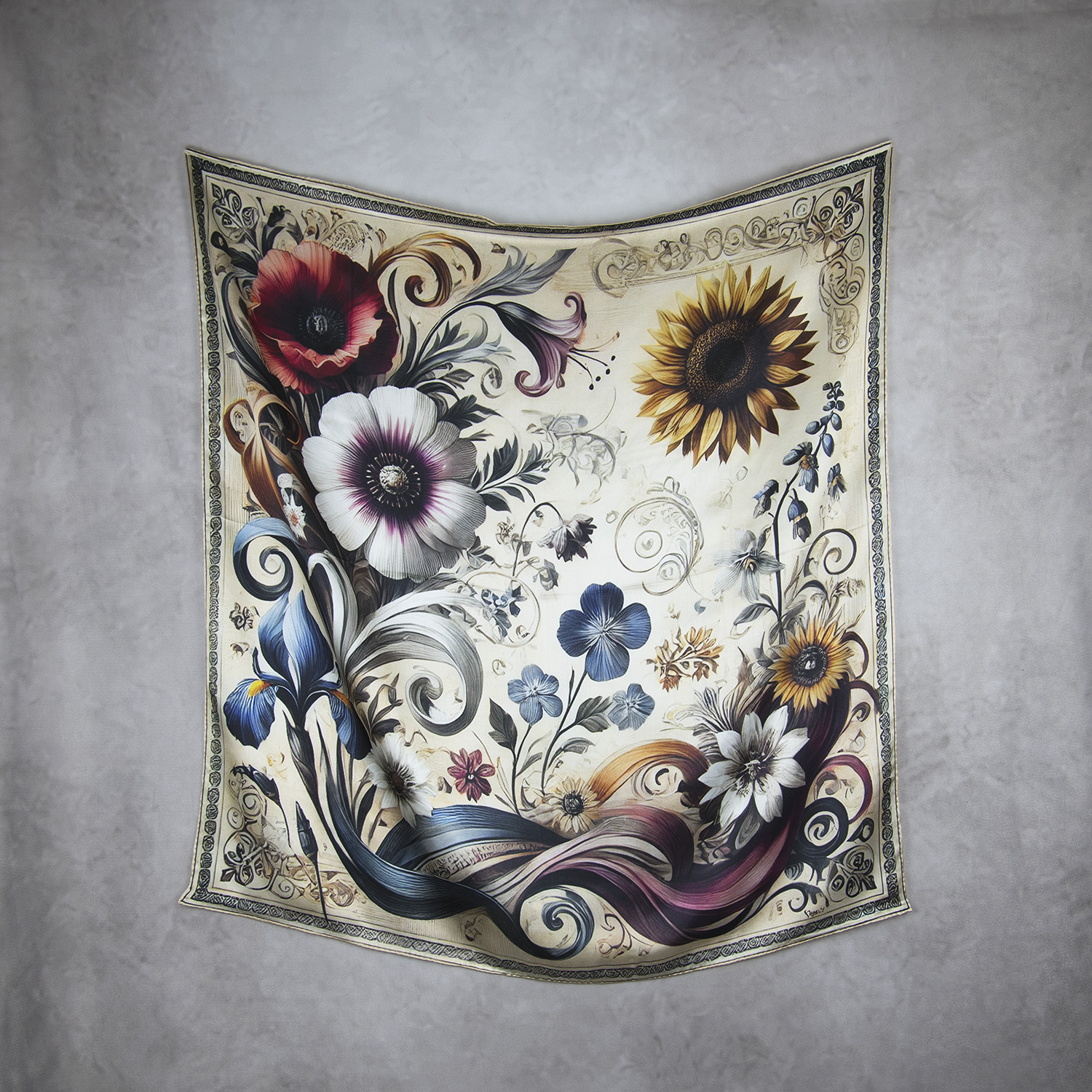 Luxusná hodvábna šatka LÚČNE KVETY - BÉŽOVÉ, 90 x 90cm, Vyrobené na Slovensku – Obrázok 2