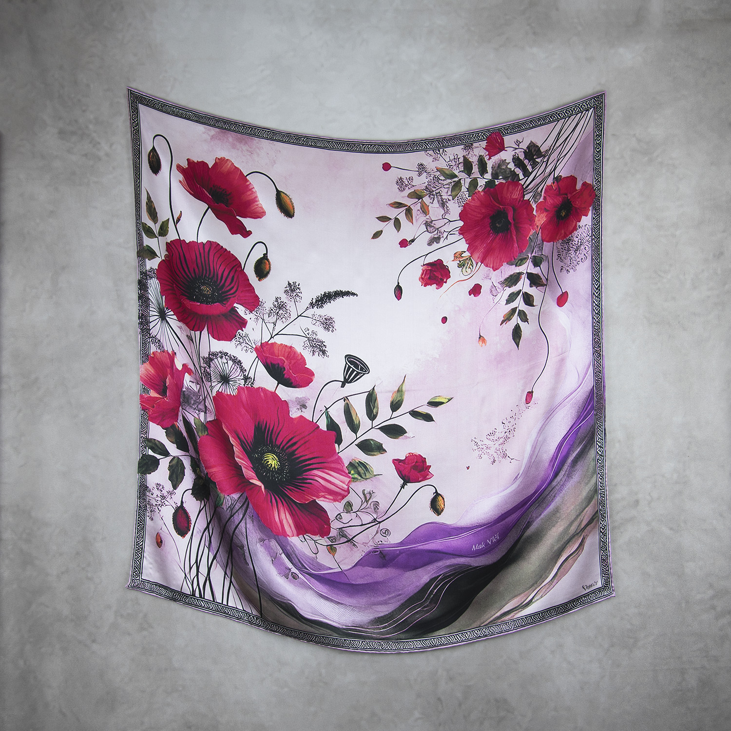 Luxusná hodvábna šatka MAK VLČÍ - FIALOVÝ, 90 x 90cm, Vyrobené na Slovensku – Obrázok 2