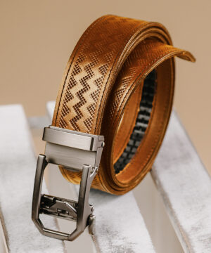 Kožený opasok s dekorom a automatickou prackou – NICKEL GAP, limitovaná edícia, koňakový
