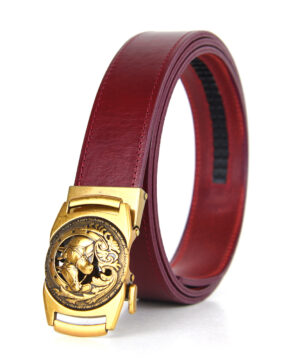 Kožený opasok s automatickou prackou GOLD HORSES, Bordový, Kratšia dĺžka: 110 - 115cm
