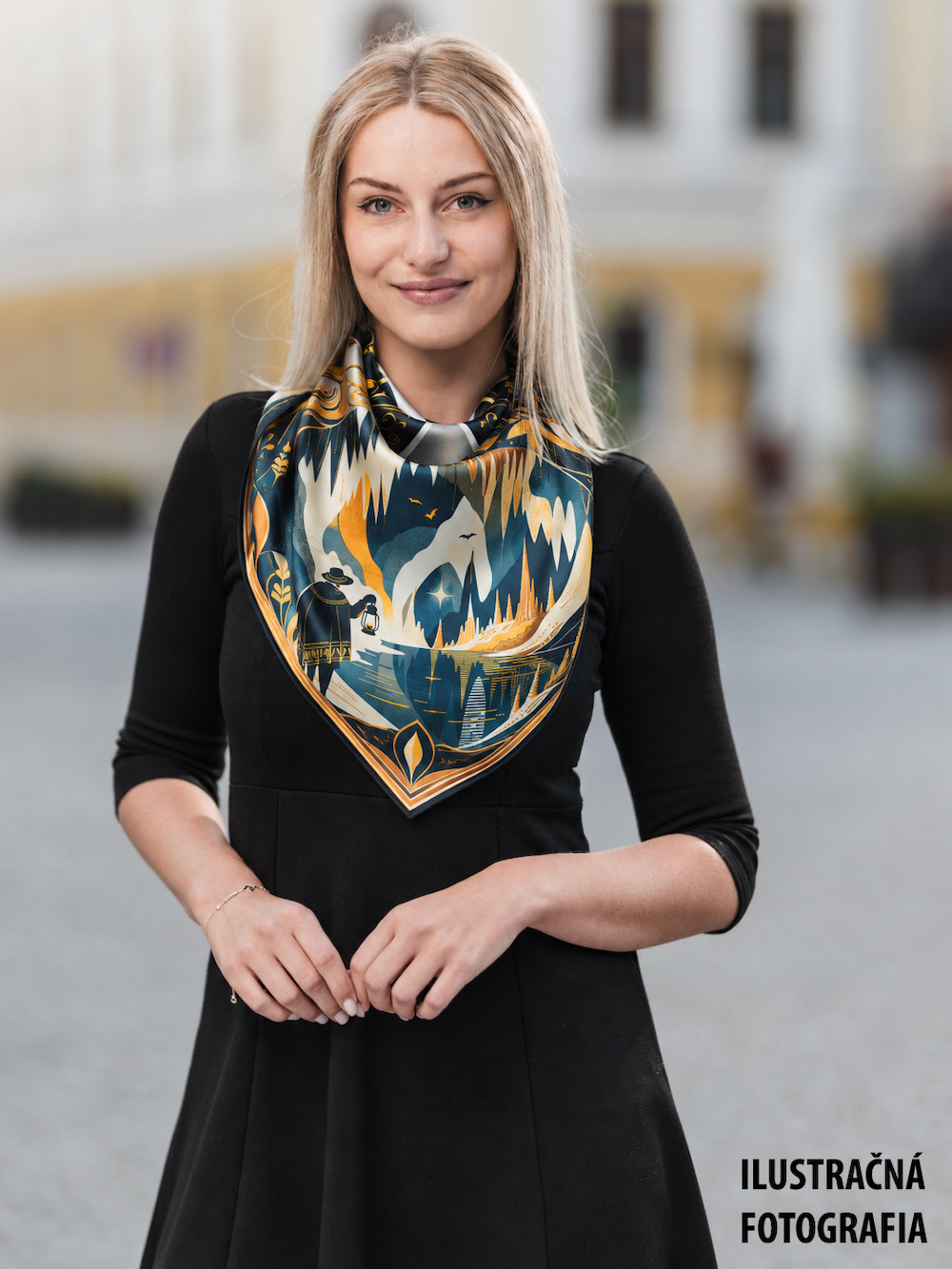 Luxusná hodvábna šatka DEMÄNOVSKÁ JASKYŇA SLOBODY – MODRÁ, 90 x 90cm, Vyrobené na Slovensku – Obrázok 6