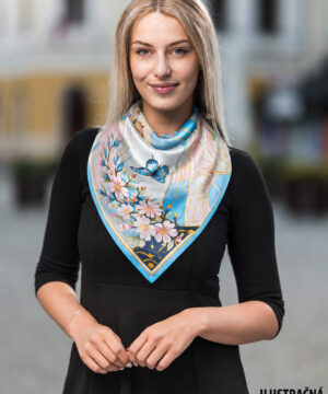 Luxusná hodvábna šatka JARNÁ ZÁHRADA – MODRÁ, 90 x 90cm, Vyrobené na Slovensku – Obrázok 5