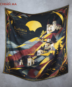 Alternative view of Hodvábna šatka KALVÁRIA - BÁNSKA ŠTIAVNICA, ČIERNA, 90 x 90cm, Vyrobené na Slovensku - ZACHRÁŇ MA!