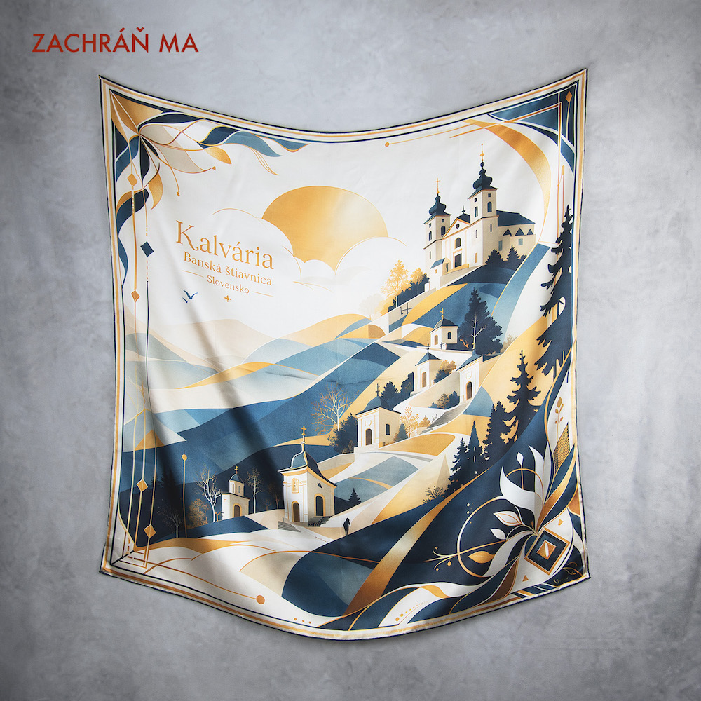 Hodvábna šatka KALVÁRIA - BÁNSKA ŠTIAVNICA, MODRÁ, 90 x 90cm, Vyrobené na Slovensku - ZACHRÁŇ MA! – Obrázok 2