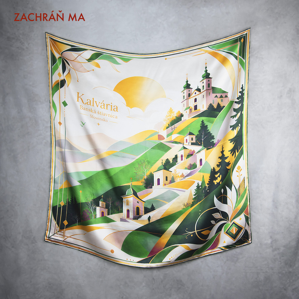 Hodvábna šatka KALVÁRIA - BÁNSKA ŠTIAVNICA, ZELENÁ, 90 x 90cm, Vyrobené na Slovensku - ZACHRÁŇ MA! – Obrázok 2