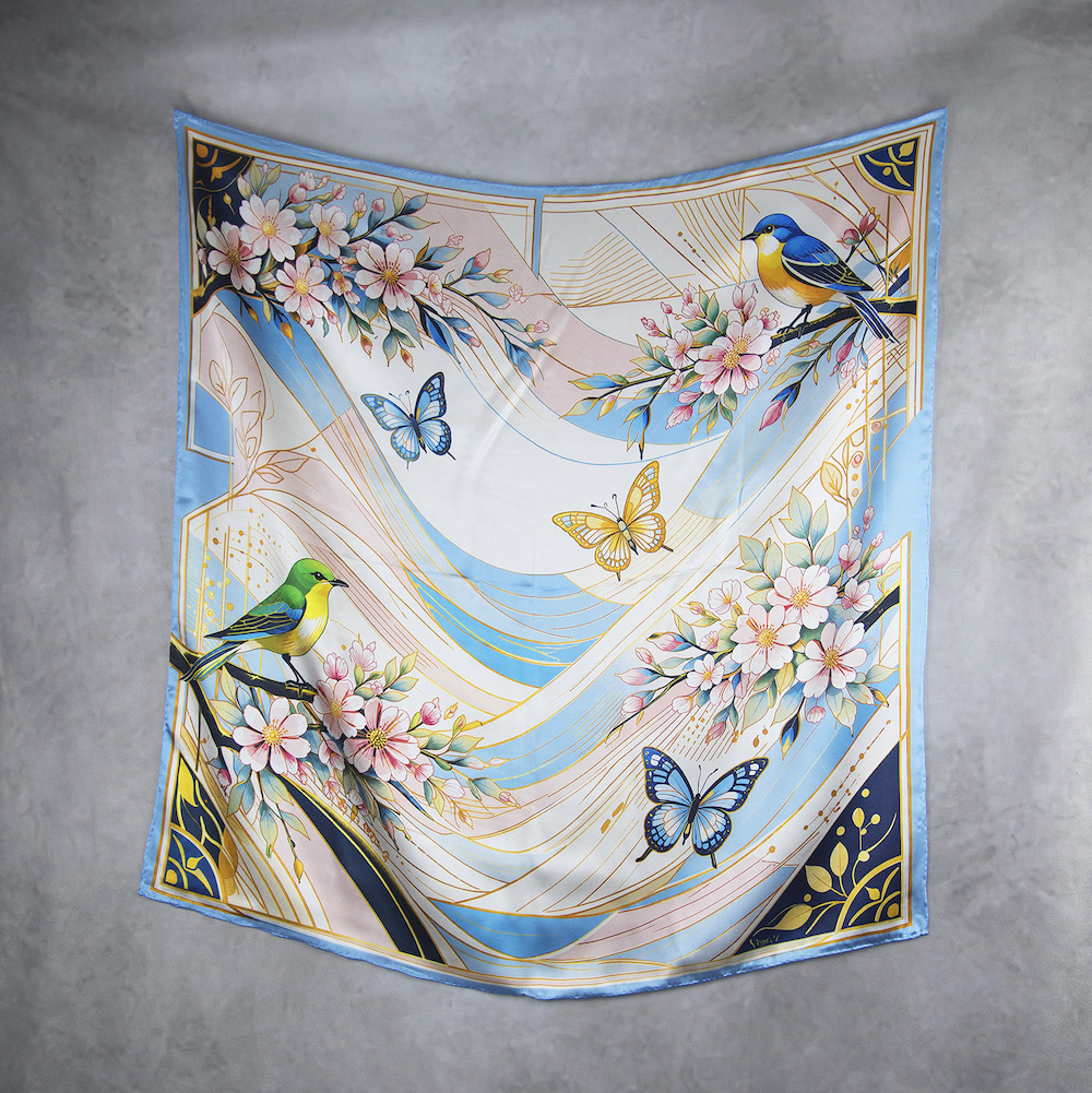 Luxusná hodvábna šatka JARNÁ ZÁHRADA – MODRÁ, 90 x 90cm, Vyrobené na Slovensku – Obrázok 2