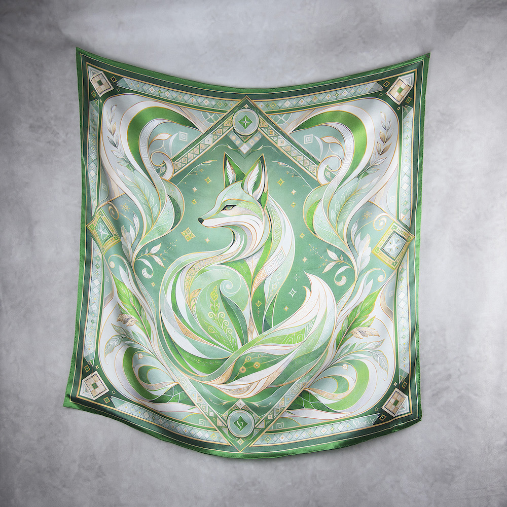 Luxusná hodvábna šatka LÍŠKA – ZELENÁ, 90 x 90cm, Vyrobené na Slovensku – Obrázok 2